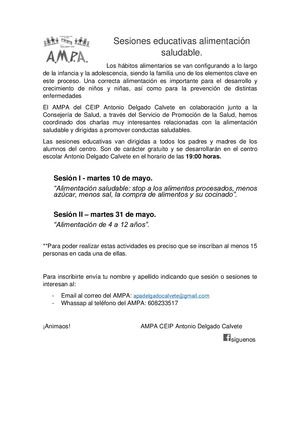 Sesiones Educativas Alimentación Saludable AMPA CEIP ADCalvete