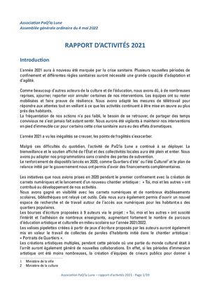 Pa Q'la Lune Rapport D'activités Et Annexes 2021