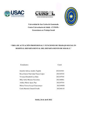 Grupo 3 ÁRea De Actuación Profesional Y Funciones De Trabajo Social En Hospital Departamental Del Departamento De Solola Con Fondo