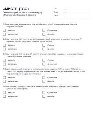 Тематична робота з інтегрованого курсу "Мистецтво" 8 клас  ІІ семестр