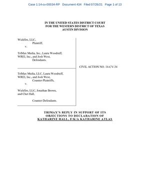 TriMax's Reply In Support Of Its Objections To Declaration Of Katharine Hall, Fka Katharine Atlas