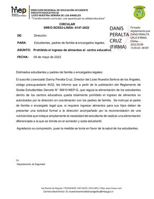 Circular 147 Prohibido El Ingreso De Alimentos Al Centro Educativo