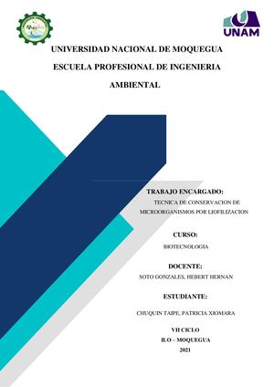 Tarea Tecnica De Conservacion De Microorganismos Por Liofilizacion Chuquin Taipe Patricia