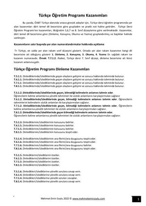 Türkçe öğRetim Programı Kazanımları 2022