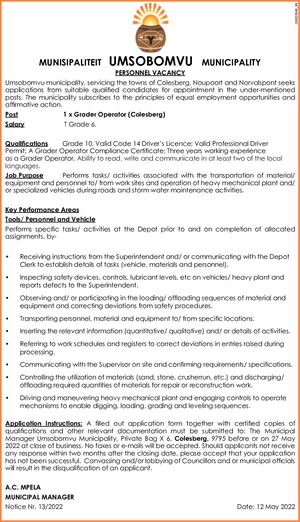 Personnel vacancy: Umsobomvu Municipality