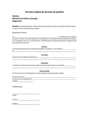 Formato Modelo De Derecho De Petición