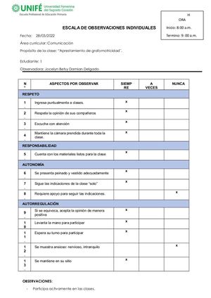 Ficha De Observación 1° A