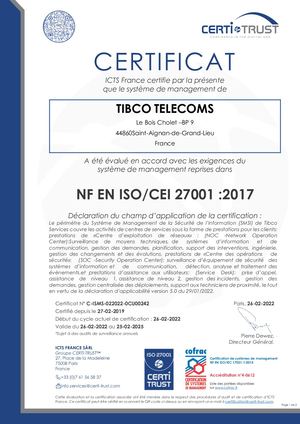 Certificat Iso 27001 Tibco Telecoms Certi Trust Cofrac