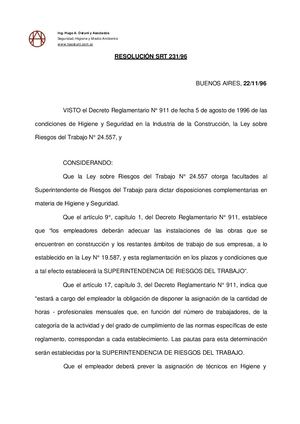 Resolucion 231 96 Condiciones Basicas De Higiene Y Seguridad En Obra