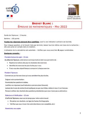 Brevet Blanc 2 Maths Mai 2022