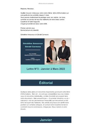 Newsletter Janvier à Mars - Géraldine Amouroux & Gérald Carmona
