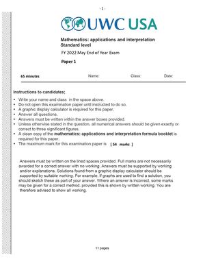 Math AI SL Y1 End Of Semester May 2022 Exam Paper 1 MARKSCHEME