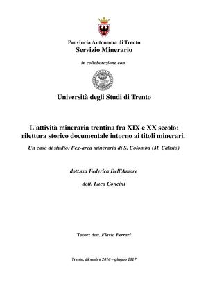 Ricerca Storica Attività Mineraria Trentina Xix Xx Secolo 2016 2017