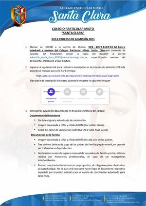 RUTA PARA EL PROCESO DE ADMISION COLEGIO PARTICULAR MIXTO SANTA CLARA _1_ _1_ _1