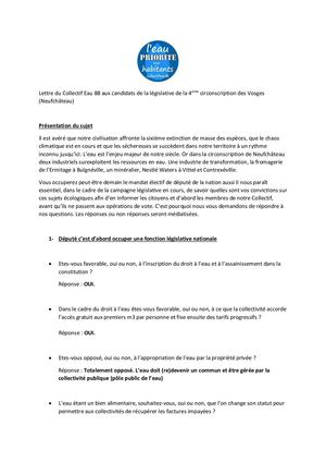 2 Nupes Ettre Du Collectif Eau 88 Aux Candidats De La Législative De La 4ème Circonscription Des Vosges