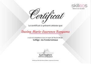 Certificat Solfège les Fondamentaux Davina Marie Laurence Rangama
