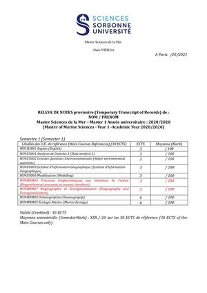 Attestation Notes M1 S1 Modele