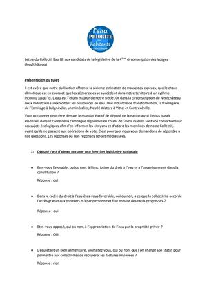 1 Animaliste Lettre Du Collectif Eau 88 Aux Candidats De La Législative De La 4ème Circonscription Des Vosges