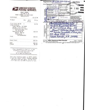 US Registered Mail number "RF572555635US" to R.C.I. RADIOLOGY CONSULTANTS OF IOWA, PLC on 06/02/2022