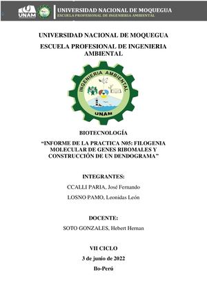 Informe N05-Filogenia Molecular De Genes Ribomales Y Construcción De Un Dendograma