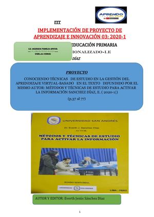 IMPLEMENTACIÓN DE PROYECTO DE APRENDIZAJE E INNOVACIÓN 03: 2020-1, I.E. SAGRADA FAMILIA APOVA