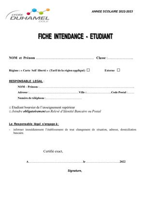 Fiches Intendance Lycéen & Etudiant