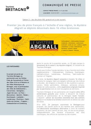 2022 06 Communiqué de presse - Premier jeu de piste français à l’échelle d’une région, le Mystère Abgrall se déploie désormais dans 16 villes bretonnes