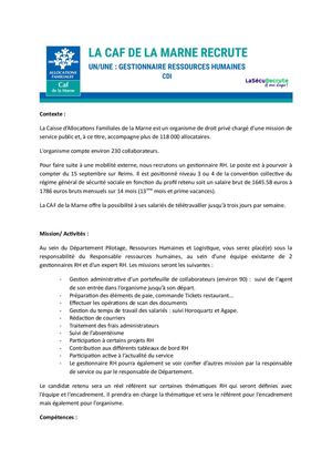 Offre d'emploi Gestionnaire RH Caf51
