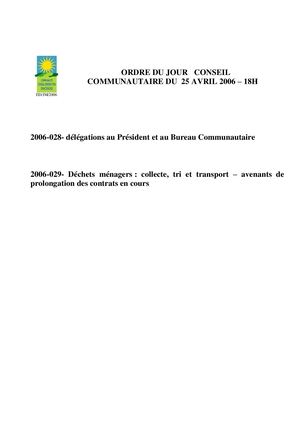 Conseil D'agglomeration Du 25 Avril 2006