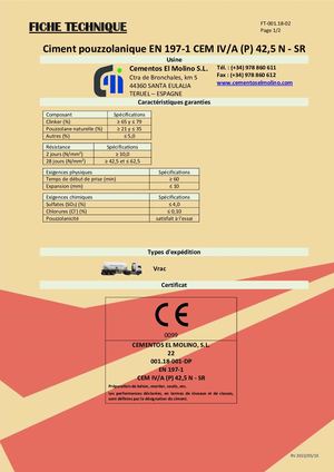 FICHE TECHNIQUE - CEM IV/A (P) 42,5 N – Sr 00118 02fr Rv20220421