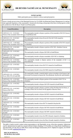 Public Notice: Dr Beyers Naudé Local Municipality