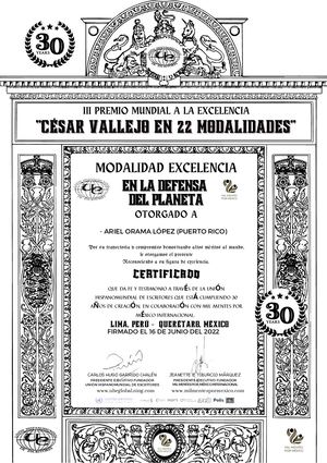 Premio Mundial A La Excelenciaen La Defensa Del Planeta César Vallejo