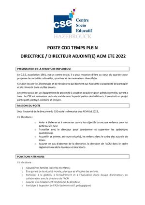 Fiche De Poste Directrice Directeur Adjoint Acm 2022