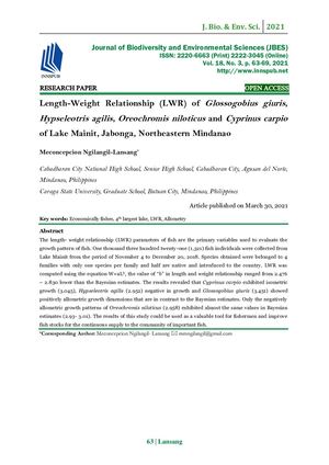 Length-Weight Relationship (LWR) of Glossogobius giuris, Hypseleotris agilis, Oreochromis niloticus and Cyprinus carpio of Lake Mainit, Jabonga, Northeastern Mindanao