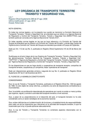 Ley Organica De Transporte Terrestre Transito Y Seguridad Vial 2021