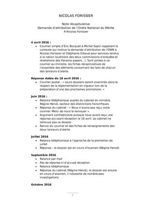 Note récapitulative des Démarches ONM Nicolas Forissier