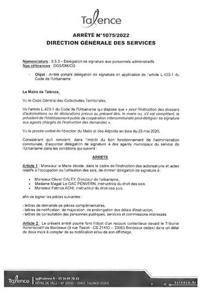 Arrêté 1075-2022 Délégation de signature aux Personnels Administratifs Service Urbanisme - Publié le 6-06-2022