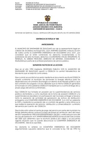 Fallo Tutela Municipio Santander Quilichao Vs Compañía Energética de Occidente