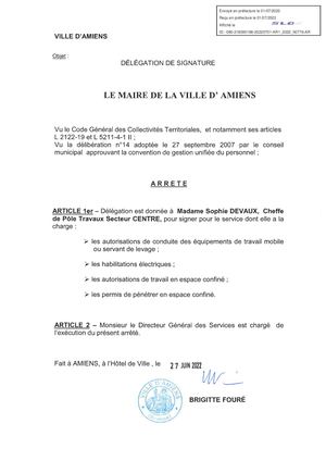 Délégation de signature Sophie Devaux Titres Et Autorisation
