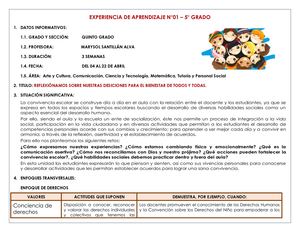 EXPERIENCIA DE APRENDIZAJE Nº1 QUINTO GRADO