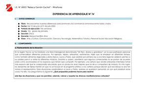 EXPERIENCIA DE APRENDIZAJE N° 4 QUINTO GRADO