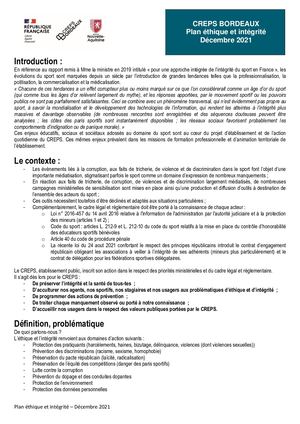Plan Éthique Et Intégrité - CREPS Bordeaux