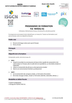 Programme De Formation Français Langue Etrangere Niveau A1 Isgcn