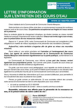 CC Osartis-Marquion : Lettre d'information sur l'entretien des cours d'eau