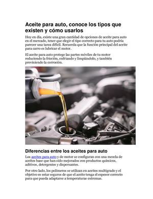 Aceite Para Auto, Conoce Los Tipos Que Existen Y Cómo Usarlos