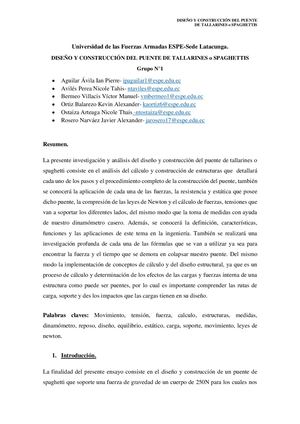 Grupo N°1 Ensayo Diseño Y Construcción Del Puente De Tallarines O Spaghettis