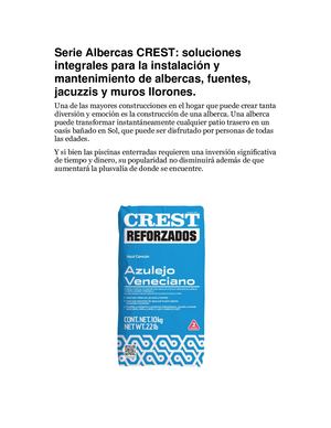 Serie Albercas CREST Soluciones Integrales Para La Instalación Y Mantenimiento De Albercas, Fuentes, Jacuzzis Y Muros Llorones