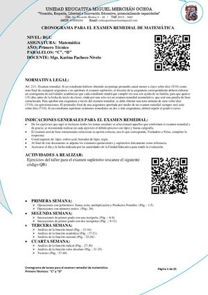 Cronograma para el Remedial de Matemática 1 TEC