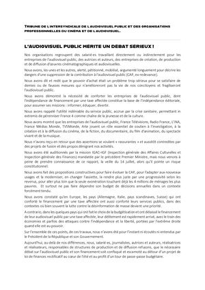Tribune De L’intersyndicale de L’audiovisuel Et Des Organisations Professionnelles Du Cinéma Et De L’audiovisuel