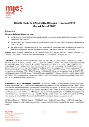 Compte rendu de l'Assemblée Générale 2021